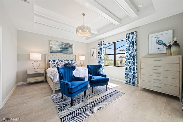 tiled bedroom featuring beamed ceiling, an inviting chandelier, and a tray ceiling