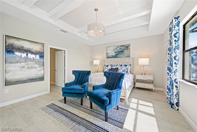 bedroom featuring beamed ceiling, light tile floors, and a chandelier