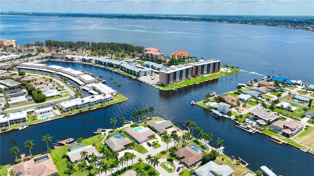 bird's eye view with a water view