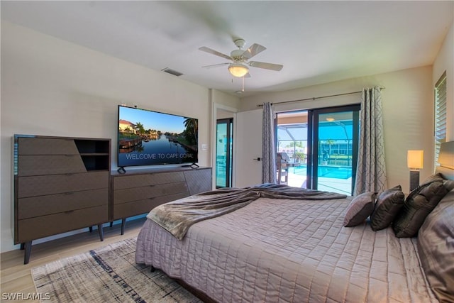 bedroom with light wood-type flooring, access to outside, and ceiling fan