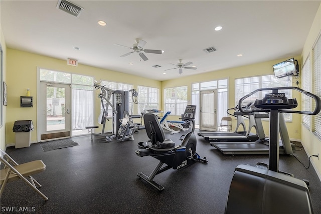 workout area featuring a healthy amount of sunlight and ceiling fan