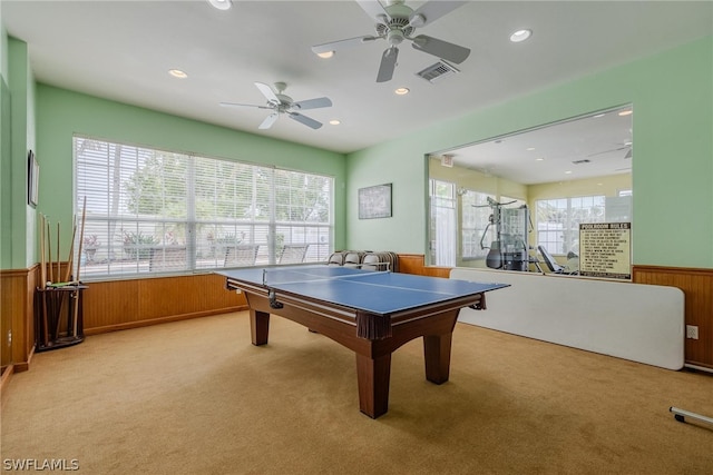 playroom featuring carpet flooring and ceiling fan