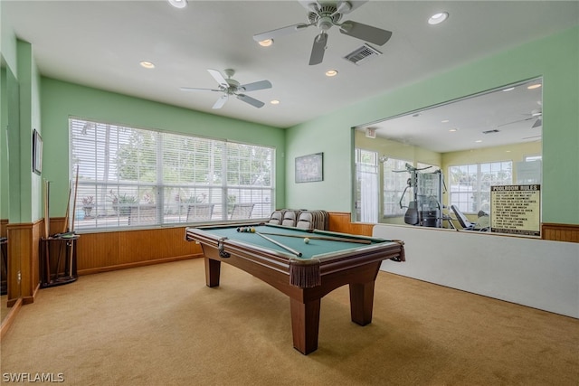 game room with billiards, ceiling fan, a healthy amount of sunlight, and light carpet