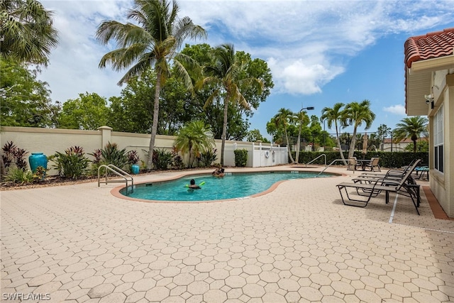 view of swimming pool featuring a patio