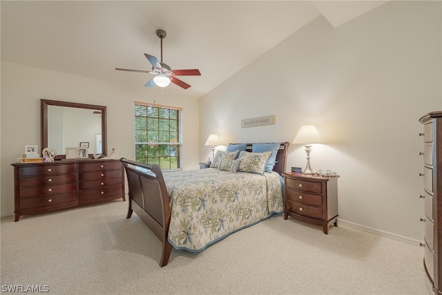 bedroom featuring carpet flooring, high vaulted ceiling, and ceiling fan