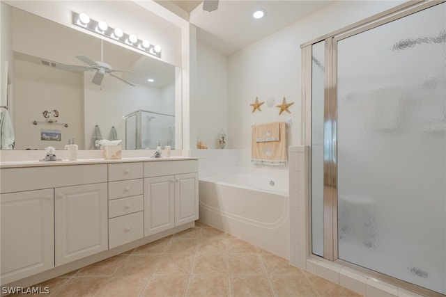 bathroom with separate shower and tub, ceiling fan, oversized vanity, and dual sinks