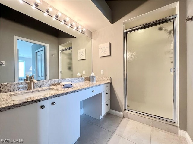 bathroom featuring tile patterned floors, vanity, and walk in shower