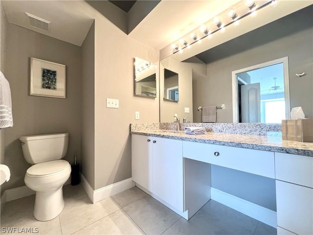 bathroom featuring tile patterned floors, ceiling fan, vanity, and toilet