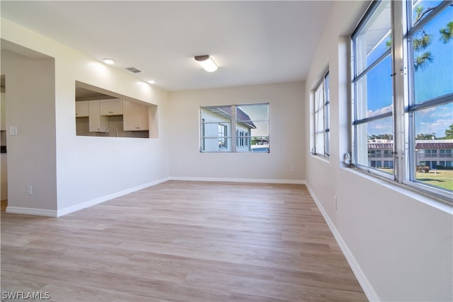 empty room with light hardwood / wood-style floors and sink