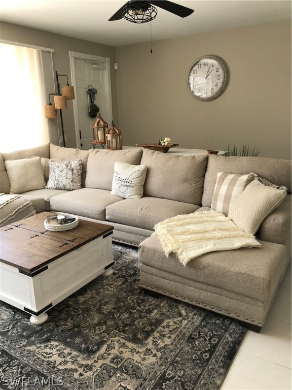 living room featuring ceiling fan