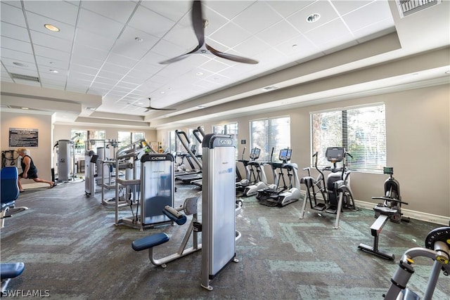 11643 Meadowrun Cir, Fort Myers, FL 33913 - workout area with a drop ceiling, baseboards, a tray ceiling, and ceiling fan