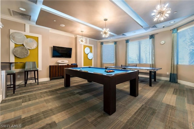 11643 Meadowrun Cir, Fort Myers, FL 33913 - playroom featuring carpet, ornamental molding, a chandelier, billiards table, and baseboards