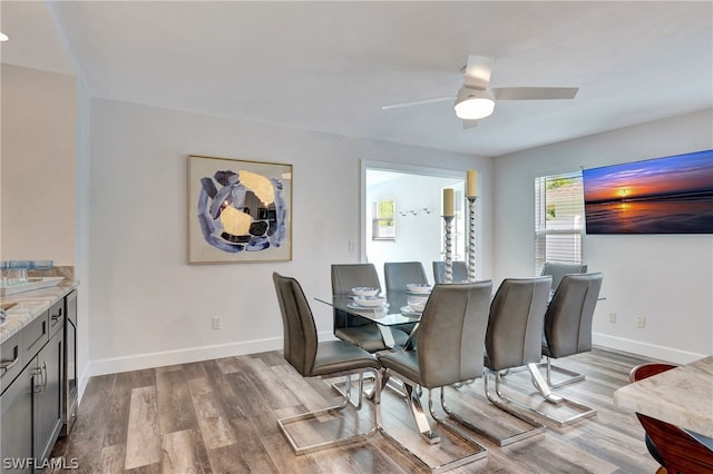 dining space featuring ceiling fan and hardwood / wood-style flooring