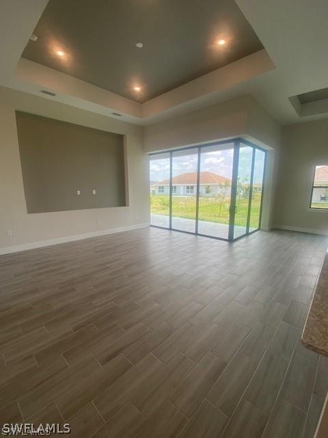 unfurnished living room with a raised ceiling