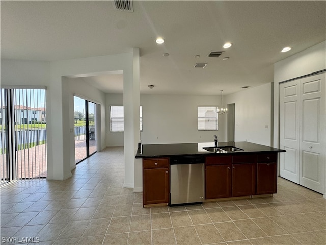 kitchen featuring sink, an inviting chandelier, light tile flooring, and stainless steel dishwasher