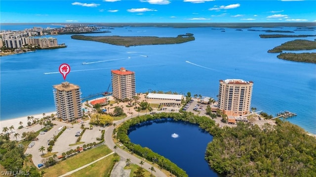 aerial view featuring a water view