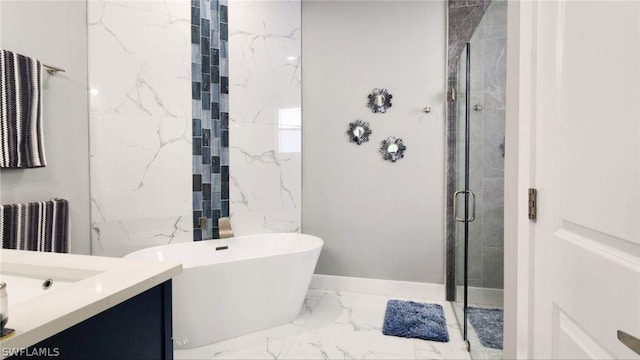 bathroom featuring vanity and shower with separate bathtub