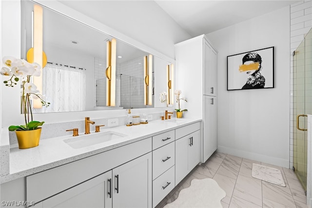 bathroom with vanity and a shower with shower door