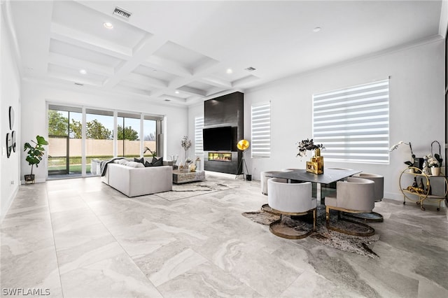 living room featuring crown molding, beam ceiling, and coffered ceiling