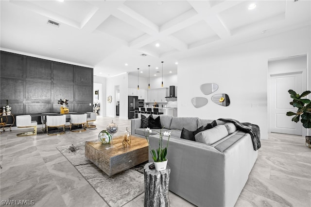 living room featuring beamed ceiling and coffered ceiling