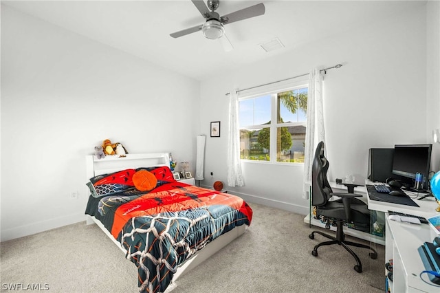 bedroom featuring carpet flooring and ceiling fan