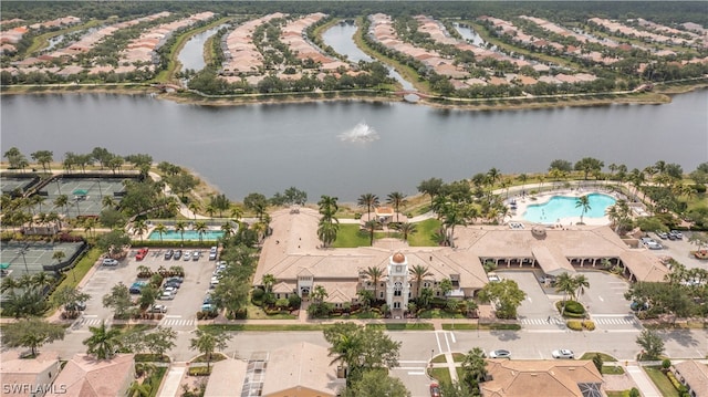 aerial view featuring a water view