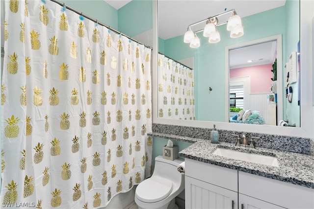 bathroom featuring vanity, a shower with shower curtain, and toilet