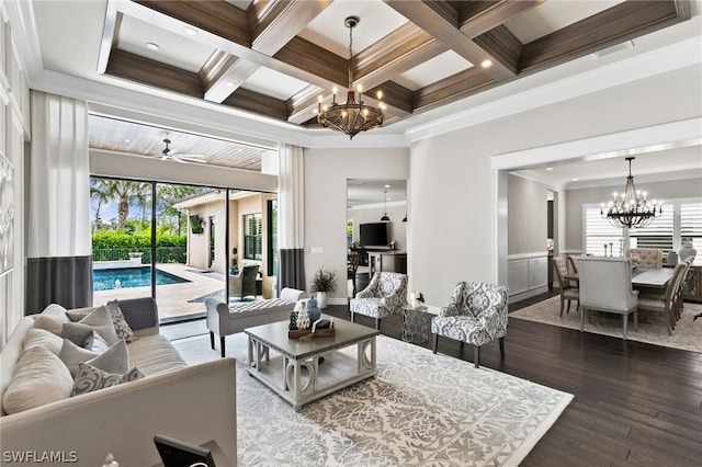 living room with dark wood-type flooring, coffered ceiling, crown molding, and beam ceiling