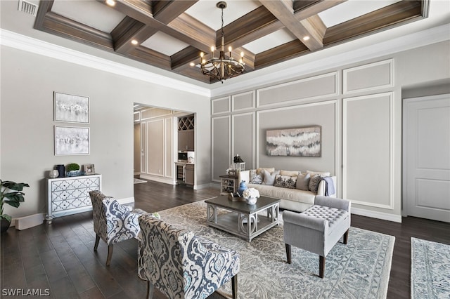 living room with beamed ceiling, coffered ceiling, and dark hardwood / wood-style flooring