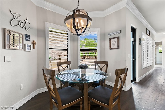 dining area featuring an inviting chandelier, ornamental molding, and dark hardwood / wood-style floors