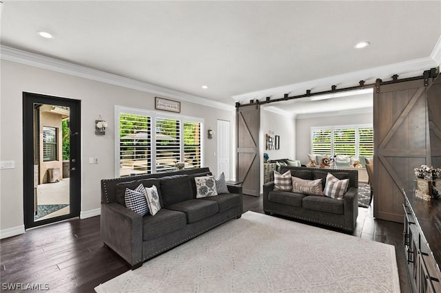 living room with dark wood-type flooring, plenty of natural light, ornamental molding, and a barn door