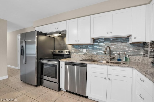 kitchen featuring white cabinetry, range hood, sink, and appliances with stainless steel finishes