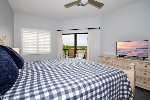 carpeted bedroom featuring ceiling fan and access to exterior