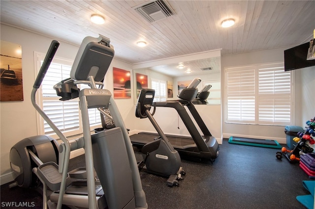 exercise area featuring wooden ceiling