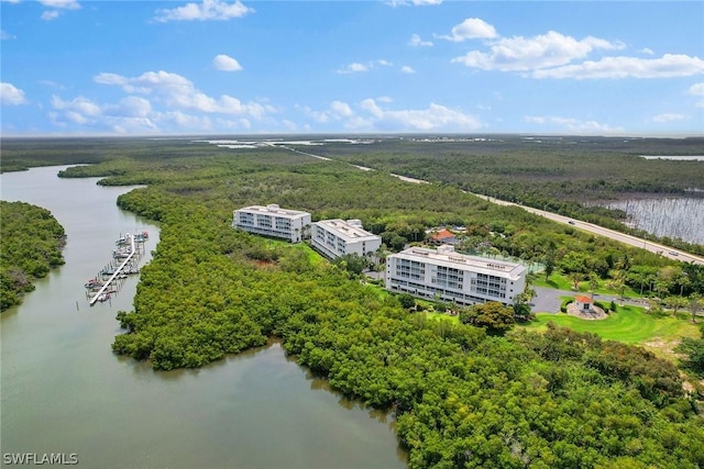 bird's eye view with a water view and a view of trees