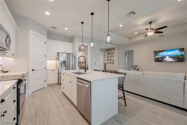 kitchen featuring an island with sink, stainless steel appliances, light hardwood / wood-style flooring, and sink