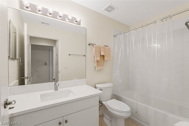 full bathroom with shower / bath combination with curtain, oversized vanity, and toilet