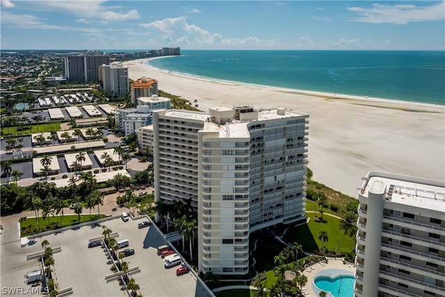 aerial view featuring a beach view and a water view