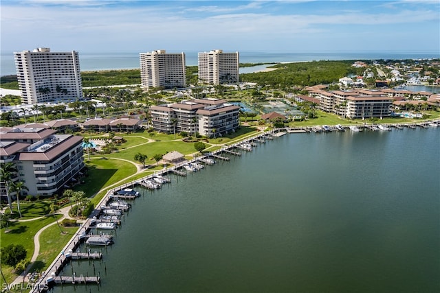 bird's eye view with a water view