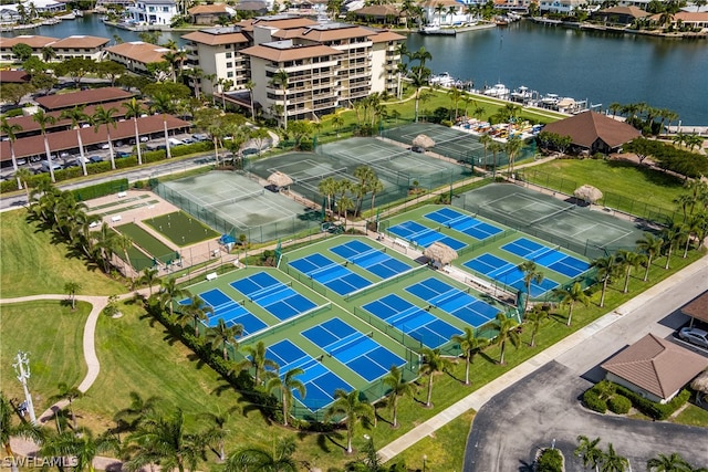 birds eye view of property featuring a water view