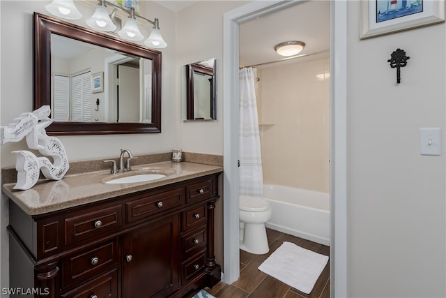 full bathroom featuring tile flooring, vanity, toilet, and shower / tub combo with curtain