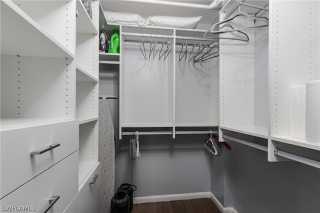 spacious closet with dark wood-type flooring