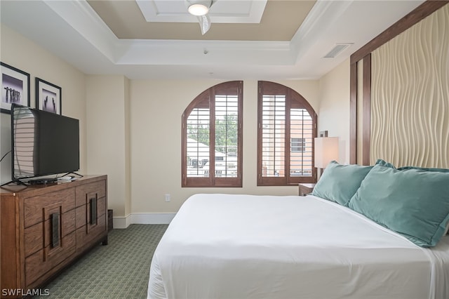 bedroom with dark colored carpet and a raised ceiling