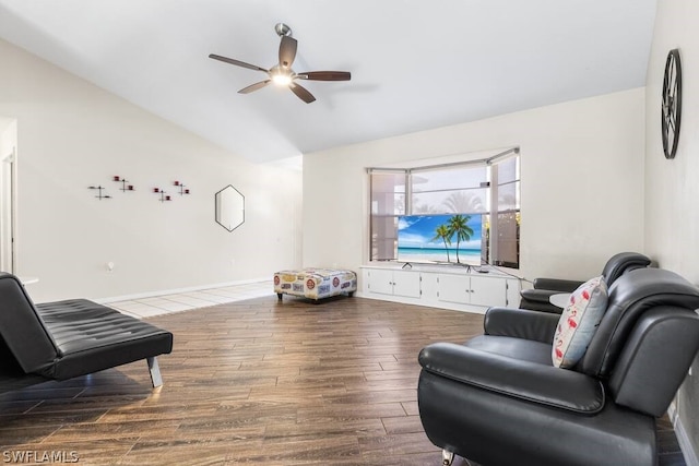 living room with lofted ceiling, dark hardwood / wood-style floors, and ceiling fan