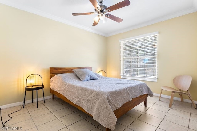 tiled bedroom featuring ceiling fan and ornamental molding