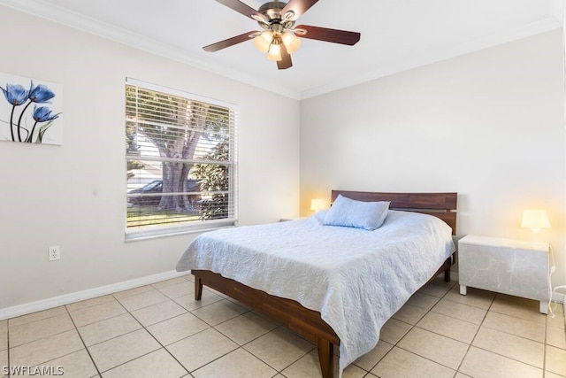 tiled bedroom featuring crown molding and ceiling fan