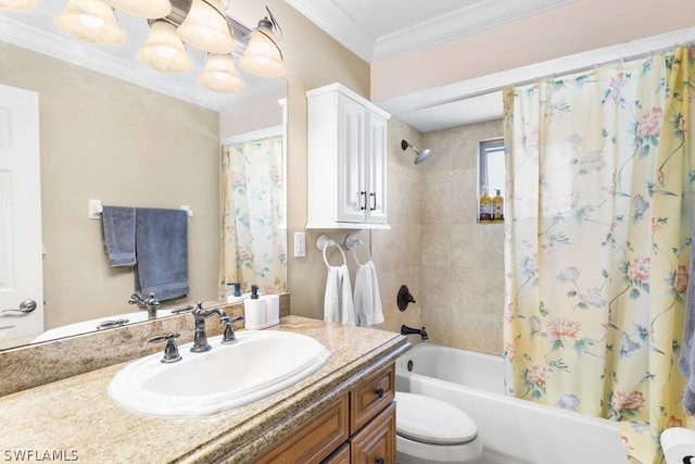 full bathroom with shower / bathtub combination with curtain, ornamental molding, toilet, and vanity