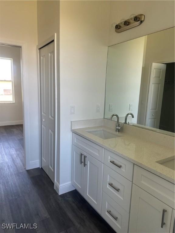 bathroom featuring vanity and wood-type flooring