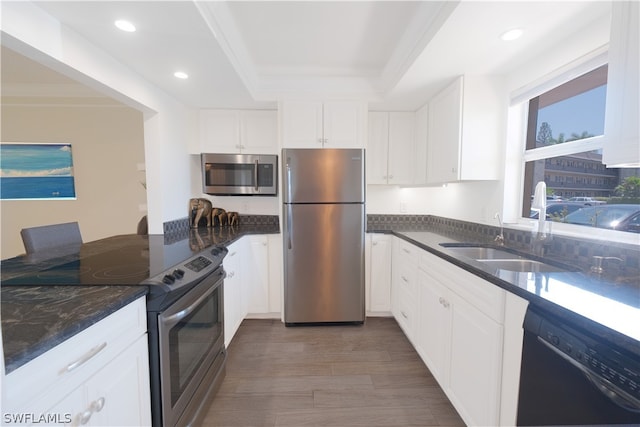 kitchen with sink, a tray ceiling, white cabinetry, and appliances with stainless steel finishes