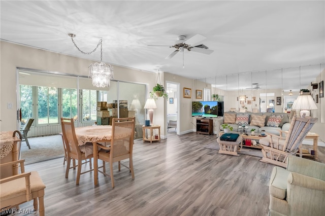 dining room featuring ceiling fan with notable chandelier and hardwood / wood-style flooring